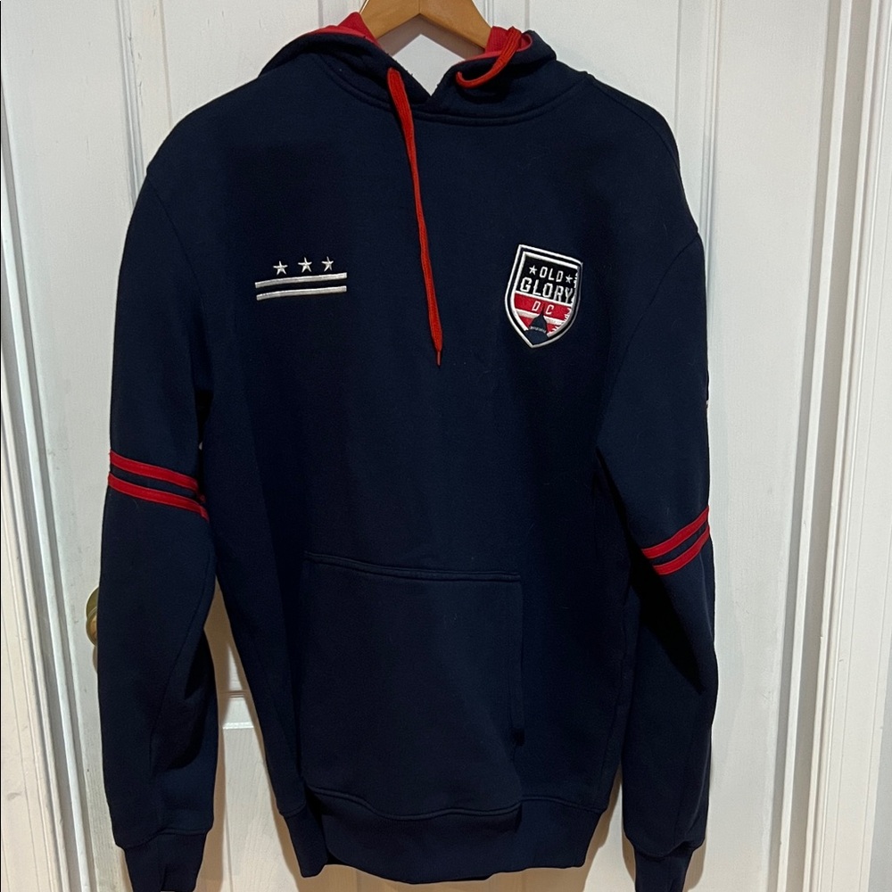 Old Glory Rugby Hoodie with Red Accents and Shield Patch